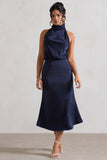 Geena Navy Satin Twisted High-Neck Midi Dress