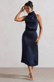 Geena Navy Satin Twisted High-Neck Midi Dress