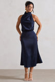 Geena Navy Satin Twisted High-Neck Midi Dress