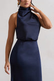 Geena Navy Satin Twisted High-Neck Midi Dress