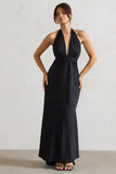 Carolyn Black Satin Plunge Maxi Dress With Dipped Hem