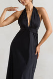 Carolyn Black Satin Plunge Maxi Dress With Dipped Hem