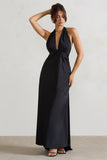 Carolyn Black Satin Plunge Maxi Dress With Dipped Hem