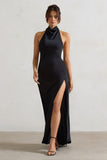 Priero Black Cowl Halter-Neck Open Back Maxi Dress