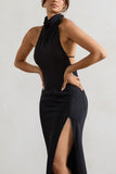 Priero Black Cowl Halter-Neck Open Back Maxi Dress