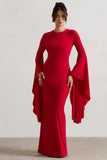 Modena Red Waterfall Sleeve Maxi Dress