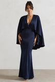 Yasie Navy Satin Plunge-Neck Maxi Dress With Cape Sleeves