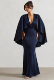 Yasie Navy Satin Plunge-Neck Maxi Dress With Cape Sleeves