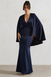 Yasie Navy Satin Plunge-Neck Maxi Dress With Cape Sleeves