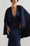 Yasie Navy Satin Plunge-Neck Maxi Dress With Cape Sleeves