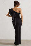 Timeless Love Black Asymmetric Draped Ruffle Maxi Dress