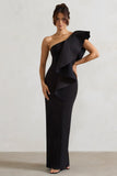 Timeless Love Black Asymmetric Draped Ruffle Maxi Dress