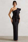 Timeless Love Black Asymmetric Draped Ruffle Maxi Dress