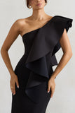 Timeless Love Black Asymmetric Draped Ruffle Maxi Dress