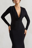 Heavy Heart Black Cowl-Neck Long-Sleeve Maxi Dress