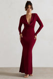 Heavy Heart Berry Cowl-Neck Long-Sleeve Maxi Dress