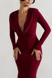 Heavy Heart Berry Cowl-Neck Long-Sleeve Maxi Dress