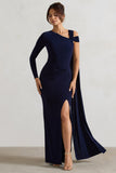 Padua Navy Asymmetric One-Sleeve Wrap Maxi Dress With Sash