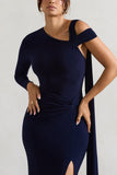 Padua Navy Asymmetric One-Sleeve Wrap Maxi Dress With Sash