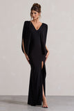 Perry Black V-Neck Cape Sleeve Split Maxi Dress