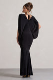 Perry Black V-Neck Cape Sleeve Split Maxi Dress