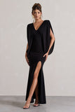 Perry Black V-Neck Cape Sleeve Split Maxi Dress