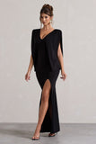 Perry Black V-Neck Cape Sleeve Split Maxi Dress