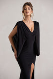 Perry Black V-Neck Cape Sleeve Split Maxi Dress