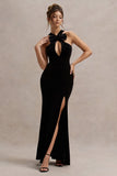 Mystery Black Velvet Plunge Halter-Neck Split Maxi Dress With Bow