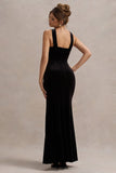 Mystery Black Velvet Plunge Halter-Neck Split Maxi Dress With Bow