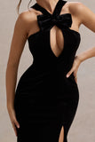 Mystery Black Velvet Plunge Halter-Neck Split Maxi Dress With Bow