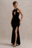 Mystery Black Velvet Plunge Halter-Neck Split Maxi Dress With Bow