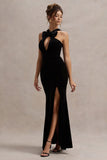 Mystery Black Velvet Plunge Halter-Neck Split Maxi Dress With Bow