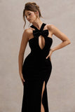 Mystery Black Velvet Plunge Halter-Neck Split Maxi Dress With Bow