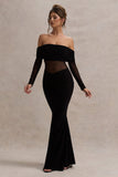 Ismeralda Black Mesh Ruched Bardot Maxi Dress