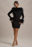 Heiress Black Long-Sleeve Low Back Mini Dress With Feather Trim