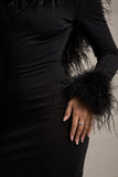 Heiress Black Long-Sleeve Low Back Mini Dress With Feather Trim