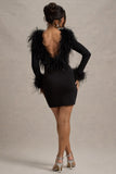 Heiress Black Long-Sleeve Low Back Mini Dress With Feather Trim