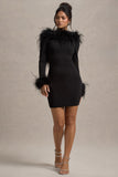 Heiress Black Long-Sleeve Low Back Mini Dress With Feather Trim