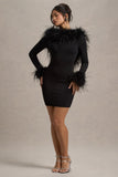 Heiress Black Long-Sleeve Low Back Mini Dress With Feather Trim