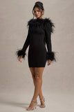 Heiress Black Long-Sleeve Low Back Mini Dress With Feather Trim