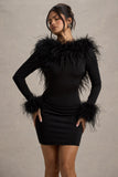 Heiress Black Long-Sleeve Low Back Mini Dress With Feather Trim