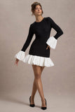 Josefina Black Long-Sleeve Mini Dress With White Satin Trims