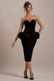 Sarifa Black Velvet Strapless Corset Midi Dress With Ruffle Peplum