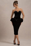 Sarifa Black Velvet Strapless Corset Midi Dress With Ruffle Peplum