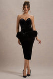 Sarifa Black Velvet Strapless Corset Midi Dress With Ruffle Peplum