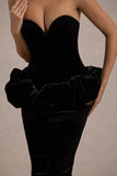 Sarifa Black Velvet Strapless Corset Midi Dress With Ruffle Peplum