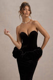 Sarifa Black Velvet Strapless Corset Midi Dress With Ruffle Peplum