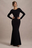 Rosalee Black Long-Sleeve Cowl-Back Maxi Dress With Bows