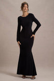 Rosalee Black Long-Sleeve Cowl-Back Maxi Dress With Bows